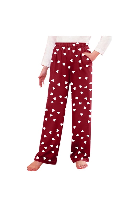 Girls Pants Valentine's Day Heart Graphic Wide Leg Trousers Loungewear Elatic Waisted Causal Pant with Pockets Size 4-16