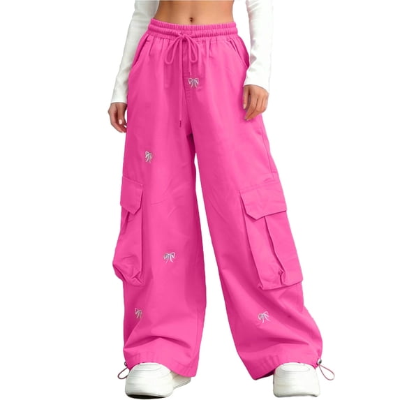 Girls Parachute Pants Kids Wide Leg Cargo Pants Y2K Street Trousers with Pockets 5-16 Years