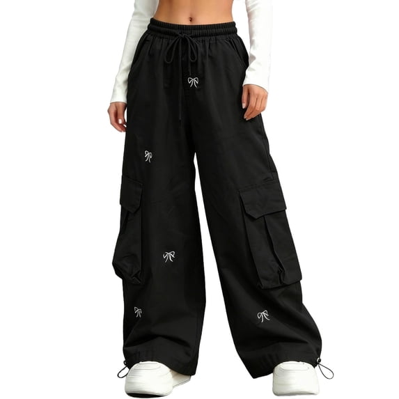 Girls Parachute Pants Kids Wide Leg Cargo Pants Y2K Street Trousers with Pockets 5-16 Years