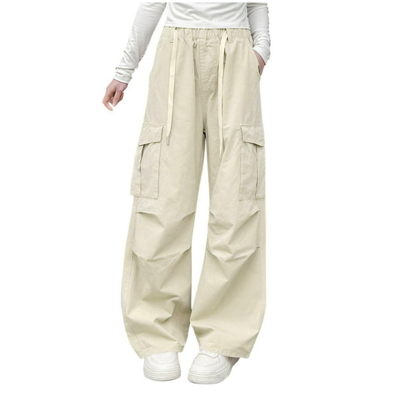 Girls Parachute Pants Teens Wide Leg Cargo Pants Dance Streetwear Baggy Trousers with Pockets Boys Low Rise Trousers Beige 5Y