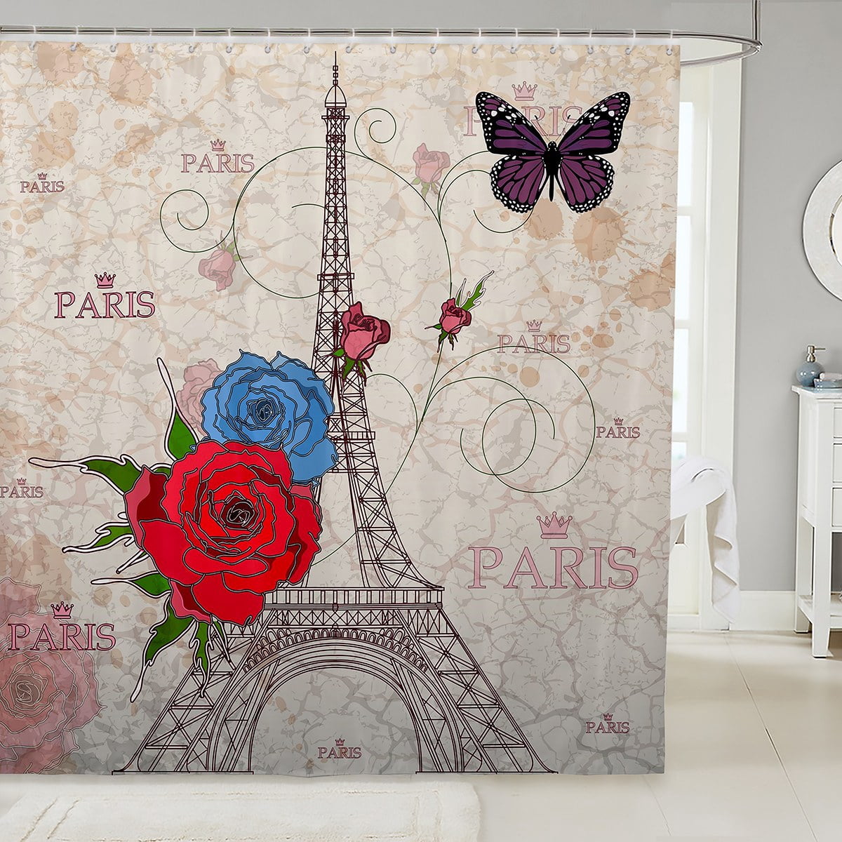 Lindameler Paris Eiffel Tower Shower Curtain Set - 72x72 Inch Waterproof Polyester, Includes 12 Hooks