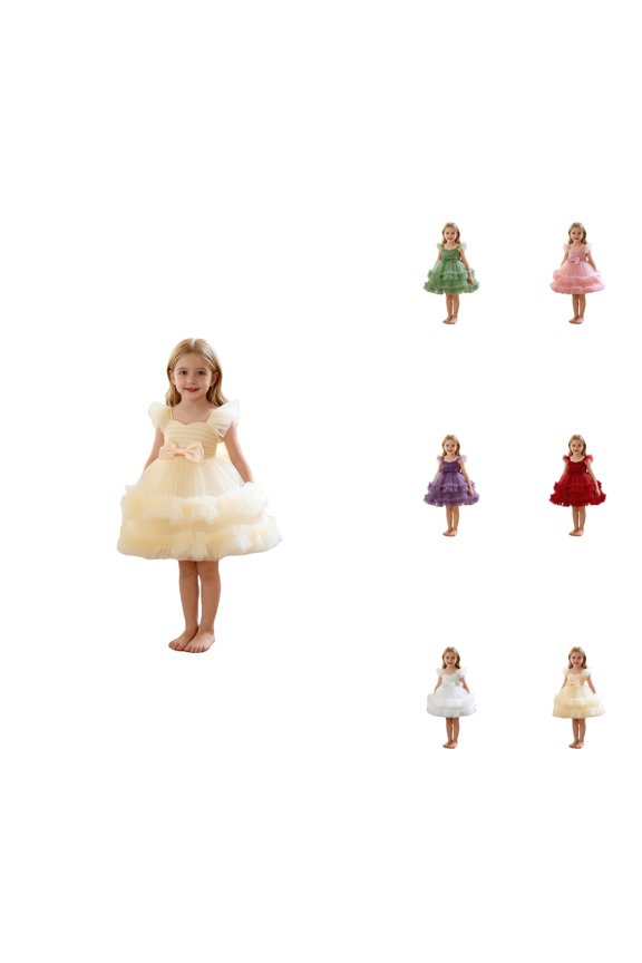 Girls Party Dress with Bow, Tiered Tulle Skirt & Flutter Sleeves â for Flower Girl, Pageant, Wedding, Birthday & Formal Occasions, Toddler Tutu Gown