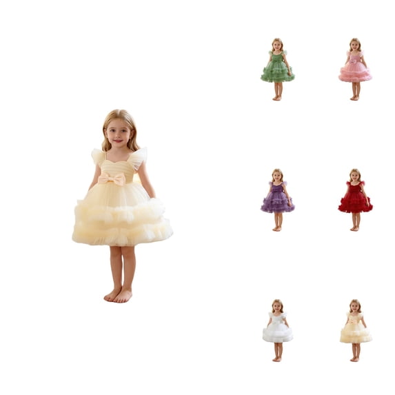 Girls Party Dress with Bow, Tiered Tulle Skirt & Flutter Sleeves â for Flower Girl, Pageant, Wedding, Birthday & Formal Occasions, Toddler Tutu Gown