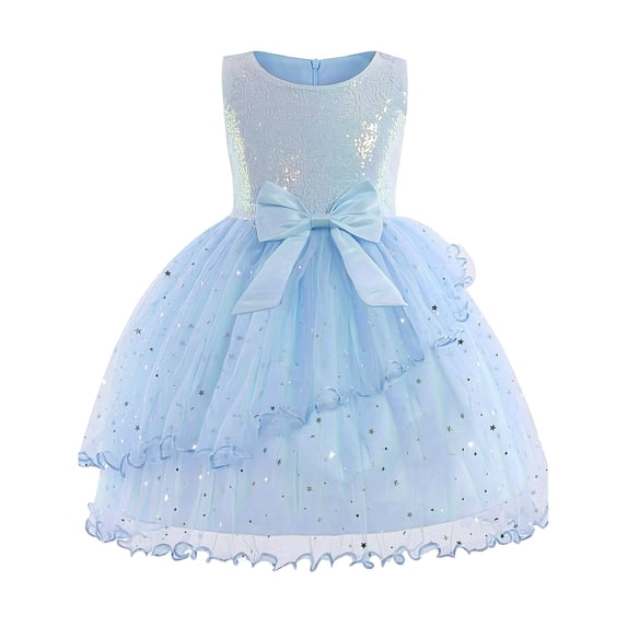 Girls Party Dress Crew Neck Sleeveless Mesh Patchwork Midi Dresses Cute Casual Formal Prom Gown With Bow (7 Years, Light Blue)
