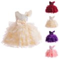 thumbnail image 1 of Girls Party Dress Ruffled Sleeve Mesh Patchwork Dresses Cute Sequin Formal Princess Ball Gown With Bow (11-12Years, Beige), 1 of 5