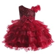thumbnail image 1 of Girls Party Dress Ruffled Sleeve Mesh Patchwork Dresses Cute Sequin Formal Princess Ball Gown With Bow (5-6 Years, Red), 1 of 4
