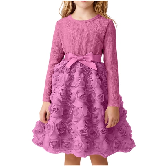 Girls Party Dress Watermelon Red Long Sleeve 3D Roses | Princess & Flower Girl Fancy Dress for Kids Ages 2-8,Size 4-5 T