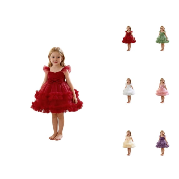 Girls Party Dress with Bow, Tiered Tulle Tutu Gown, Flutter Sleeves Formal Flower Girl Dress for Wedding Birthday Pageant Performance