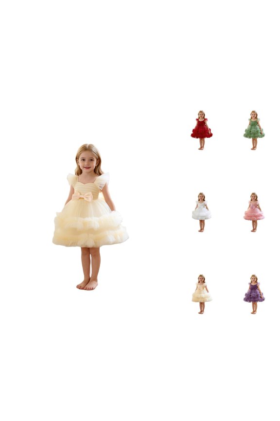 Girls Party Dress with Bow, Tiered Tulle Tutu Gown, Flutter Sleeves Formal Flower Girl Dress for Wedding Birthday Pageant Performance