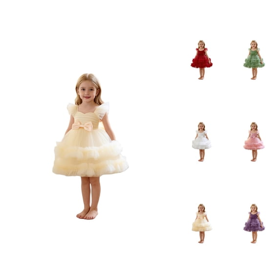Girls Party Dress with Bow, Tiered Tulle Tutu Gown, Flutter Sleeves Formal Flower Girl Dress for Wedding Birthday Pageant Performance