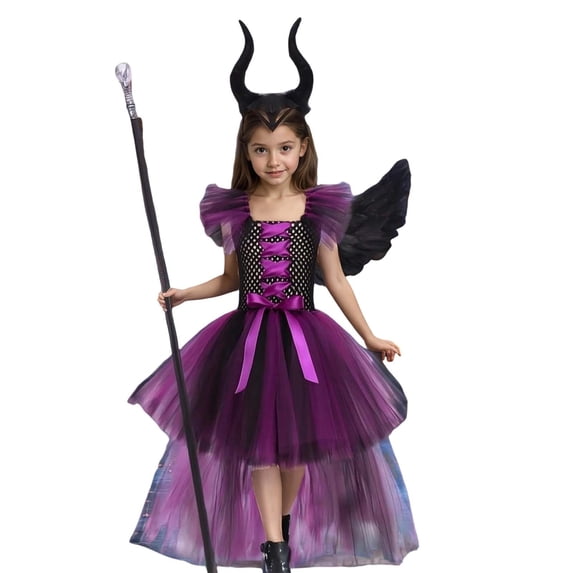 Girls Party Tutu Dress Gothic Gown Cosplay Elegant Lace Up Dress With Flared For Party Witch Attire Princess Dresses 8-9 Years