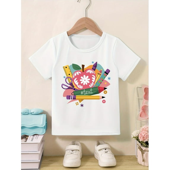 Girls' Pastel pink School Graphic T-Shirt - Soft Stretchy Knit Tee for Back-to-School, Lightweight Breathable Everyday Shirt (Machine Washable) - Classroom & Playdates Outfit, Comfortable Fabric