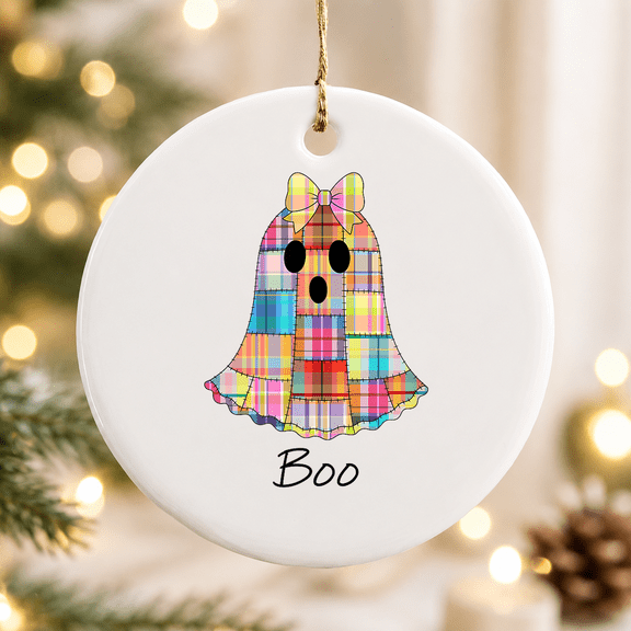 Girls Patchwork Ghost Colorful Halloween Madras Plaid Ghost Christmas Ornament, Festive Fright Decor, Ceramic Ornament