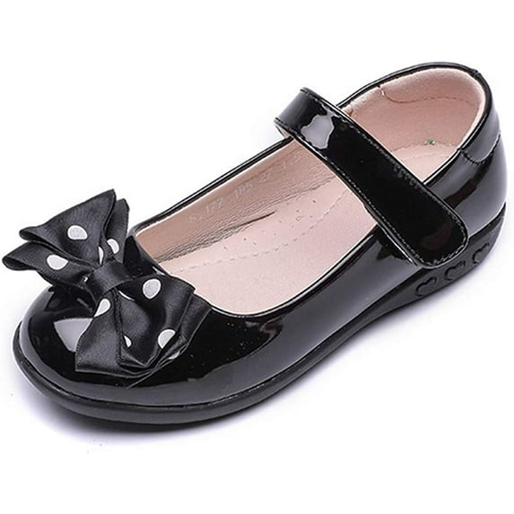 Girls Patent Leather Black School Uniform Polka Dot Bow Outdoor Dress Mary Jane Flat Shoes(Toddler/Little Kid)