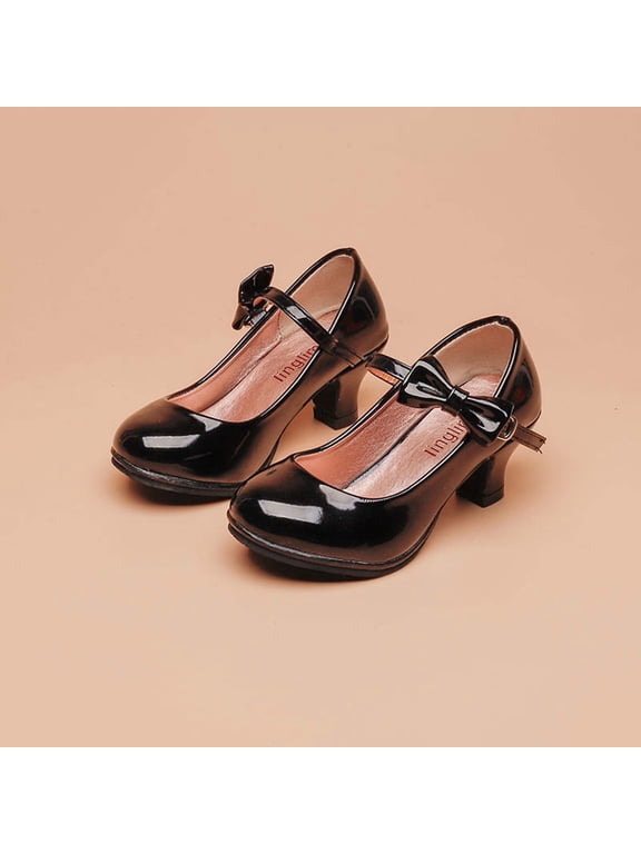 Girls Patent Leather Bow Mary Jane Heels, Low Block Heel Dress Shoes for Toddler/Little Kids, Wedding & Party Footwear Black 11.5