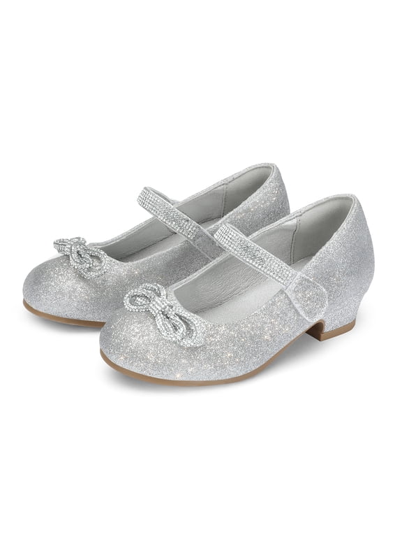 Little Girls' Shoes Slip-Resistant Mary Janes, 1IN Low Heel, Kitten Heel, Closed Toe Silver, 13 Little Kid