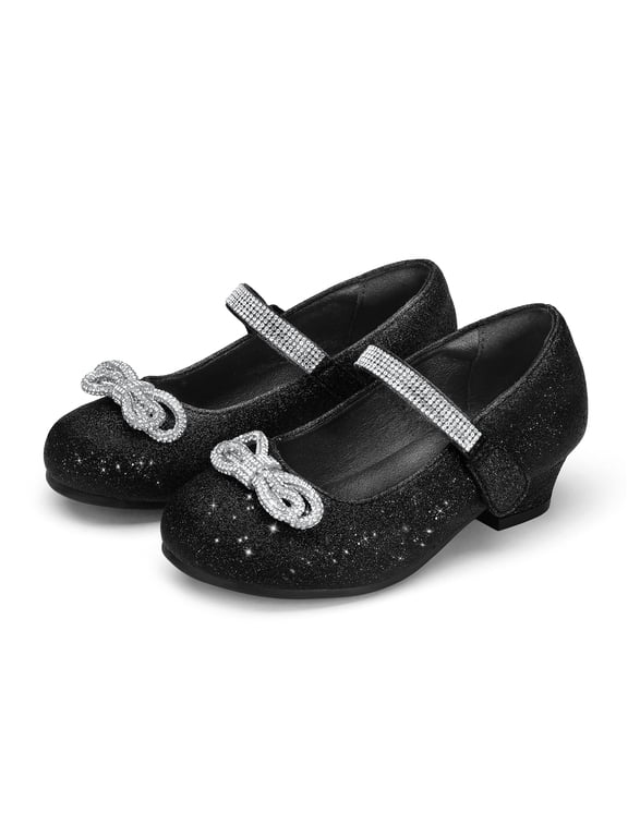 Little Girls' Shoes Slip-Resistant Mary Janes, 1IN Low Heel, Kitten Heel, Closed Toe Black, 12 Little Kid