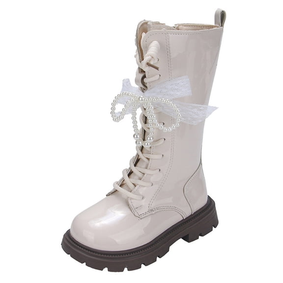 Girls Patent Leather Knee High Boots Fleece Lined Long Combat Boots Toddler Kids Non Slip Platform Warm Winter BootsWhite Size 1.5 Big Kids