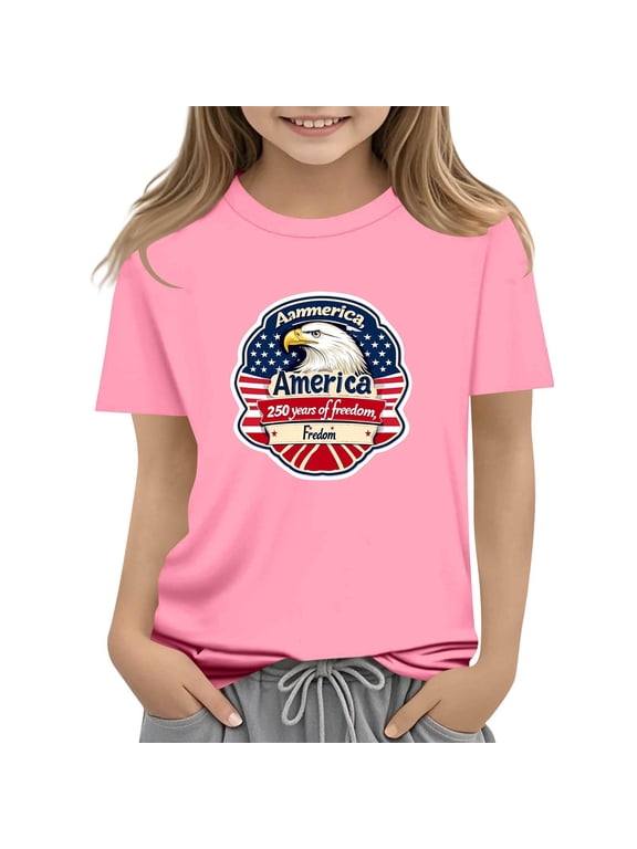 Girls Patriotic 4th of July T-Shirt American Flag Eagle Graphic Tee Kids Independence Day Short Sleeve Crew Neck Pink,Size 4-5 T