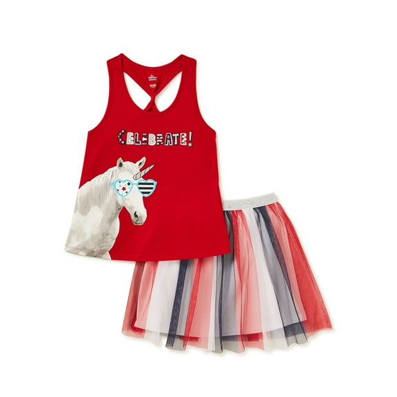 Girls Patriotic 4th of July Tank Top and Skirt, 2-Piece Outfit Set, Sizes 4-20