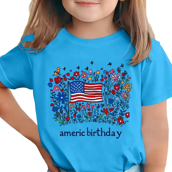 Girls Patriotic American Flag Short Sleeve T-Shirt Bright Blue Floral Butterfly Graphic Polyester Spandex Crew Neck,Size 5-6T