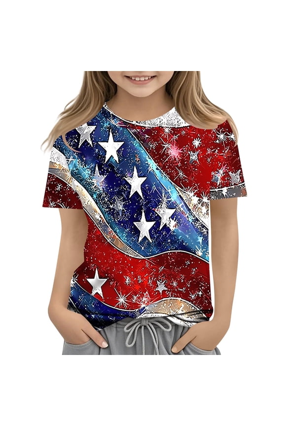 Girls Patriotic American Flag T-Shirt 4th of July Glitter Sparkle Stars and Stripes Tee Youth Kids Summer,Size 4-5T