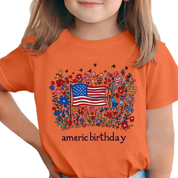 Girls Patriotic American Flag T-Shirt Short Sleeve Orange Polyester Spandex Floral Butterfly Graphic Crew Neck,Size 9-10T