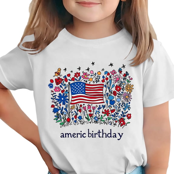 Girls Patriotic American Flag T-Shirt White Floral Butterfly Graphic Polyester Spandex Short Sleeve Crew Neck,Size 5-6T