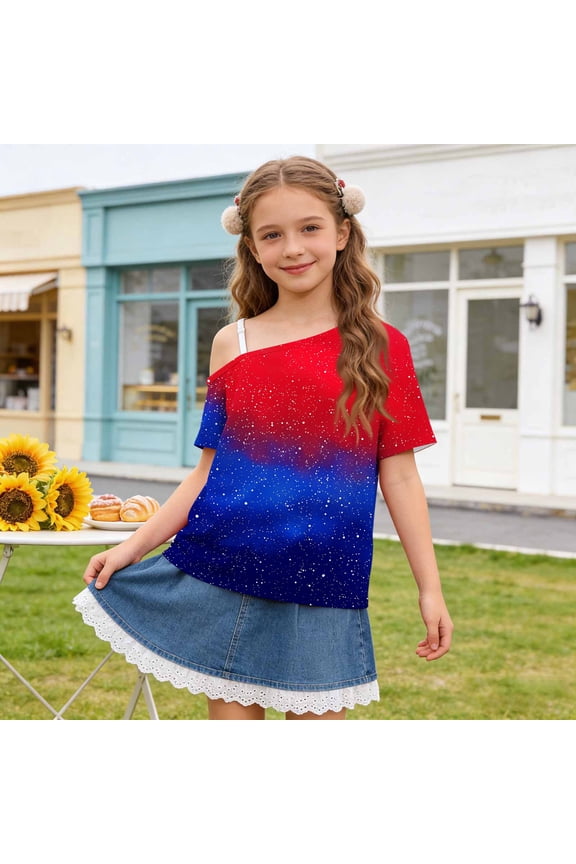 Girls' Patriotic Off-Shoulder Print Short Sleeve T-Shirt, Cute Flag and Wave Design Casual Top, Breathable Loose Fit Tee for Holiday Celebrations and Summer Fun Multicolor ah 9 Years