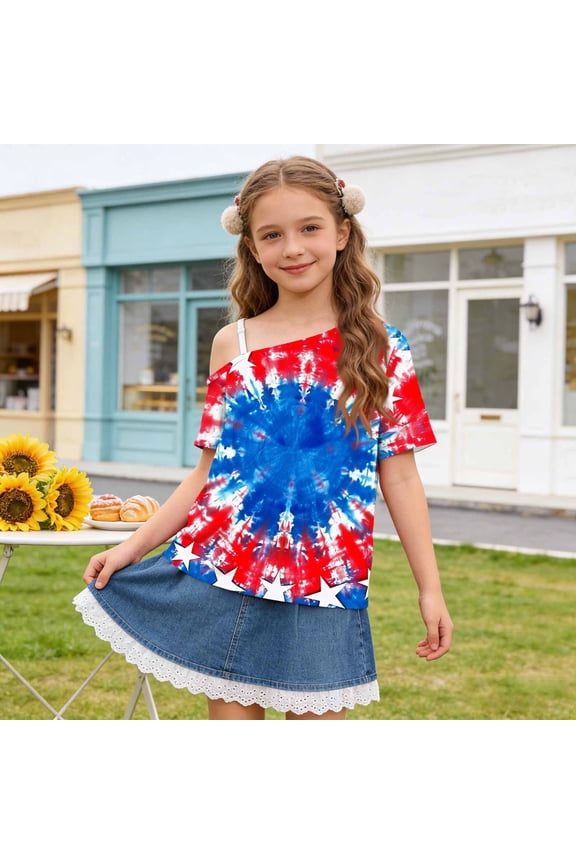 Girls' Patriotic Off-Shoulder Print Short Sleeve T-Shirt, Cute Flag and Wave Design Casual Top, Breathable Loose Fit Tee for Holiday Celebrations and Summer Fun Multicolor aj 11 Years