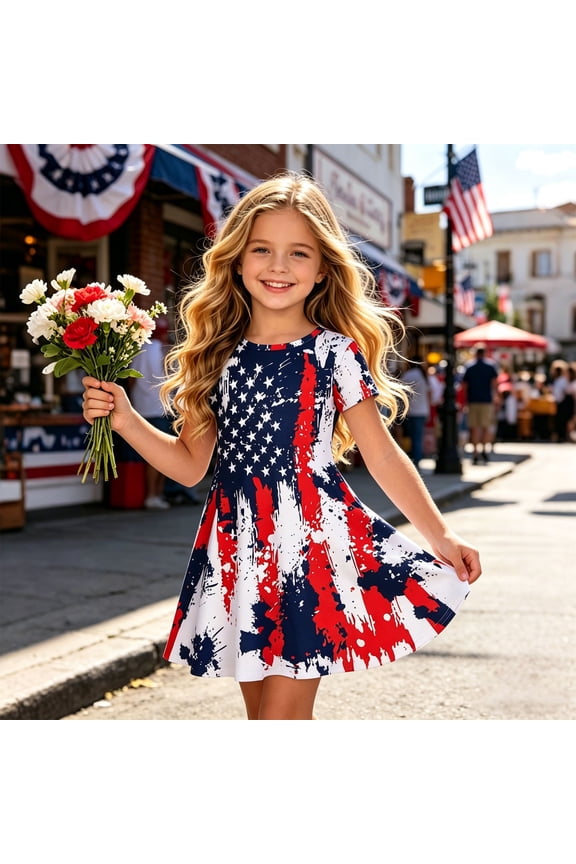 Girls Patriotic Short Sleeve Dress With Round Neck For Celebration And Daily Wear Stylish Girls Dress Suitable For Festival Day And Events(Blue,6-7 Years)