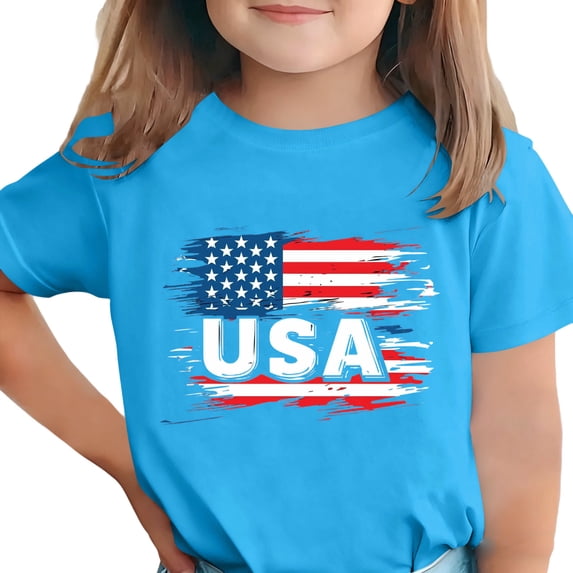 Girls Patriotic T Shirt American Flag Graphic USA Tee Kids 4th of July Independence Day Short Sleeve Blue,Size 3-4T