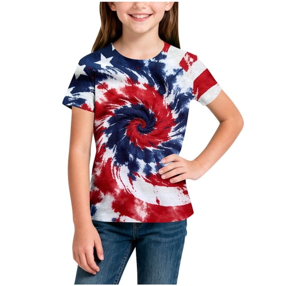 Girls Patriotic Tie Dye T-Shirt Kids 4th of July American Flag Shirt Youth Short Sleeve Wine Red White Blue Top,Size 7-8 T