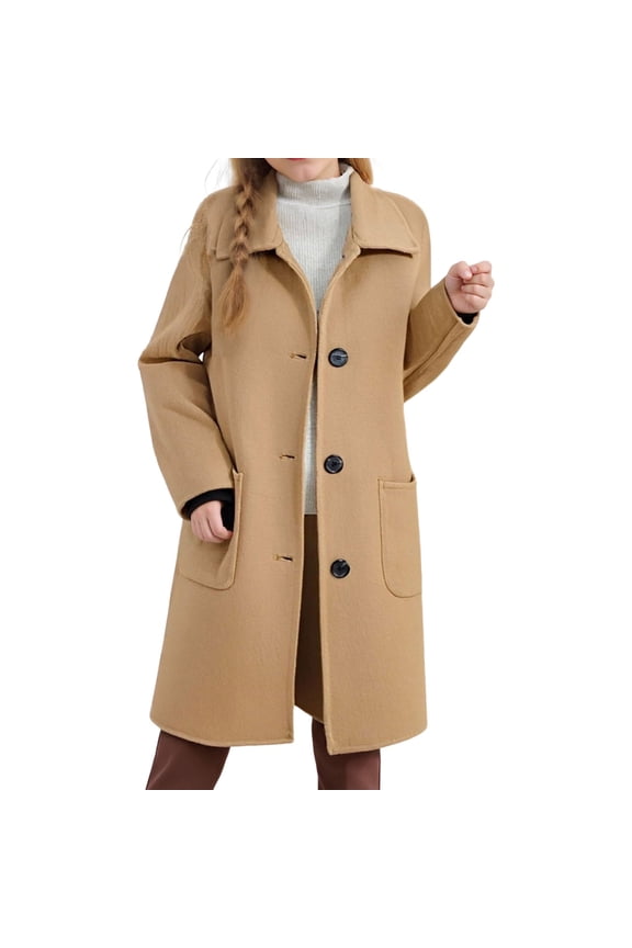 Girls' Pea Coat 4-15 Years Wool Blend Long Trench Coat for Girls Boys Single Breasted Lapel Neck Winter Jackets (14-15 Years, Khaki)