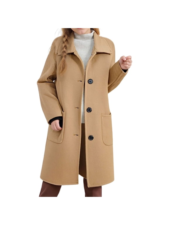 Girls' Pea Coat 4-15 Years Wool Blend Long Trench Coat for Girls Boys Single Breasted Lapel Neck Winter Jackets (6-7 Years, Khaki)