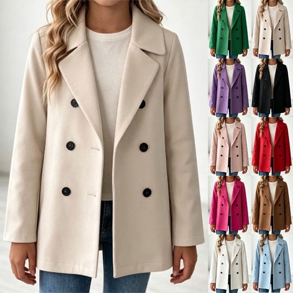 Girls Pea Coat Notched Lapel Double Breasted Mid Length Outerwear Classic Loose Fit Dressy Casual Overcoat Warm Jacket for Kids Fall Winter School Daily Wear Beige 7-8 Years