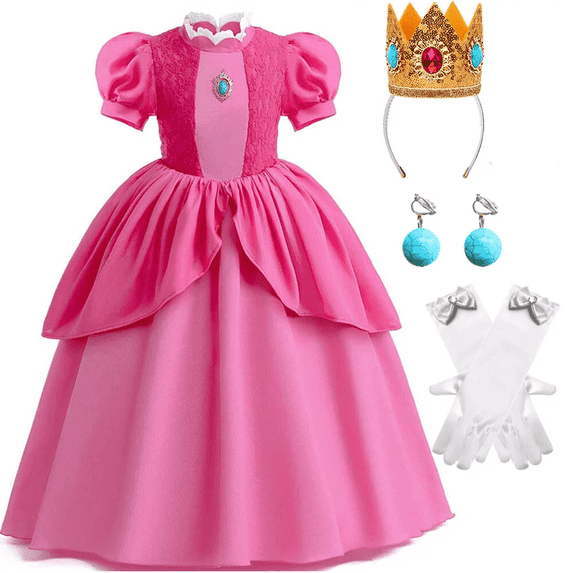 Girls Peach Princess Pink Dress Super Brothers Halloween Party Cosplay Costume