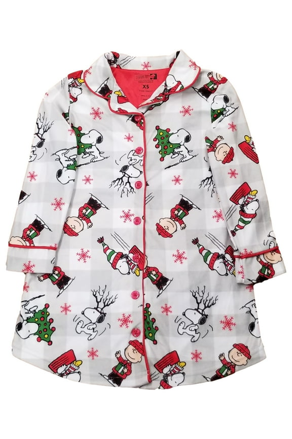 Girls Peanuts Snoopy Charlie Brown Gray Plaid Christmas Holiday Nightgown XS