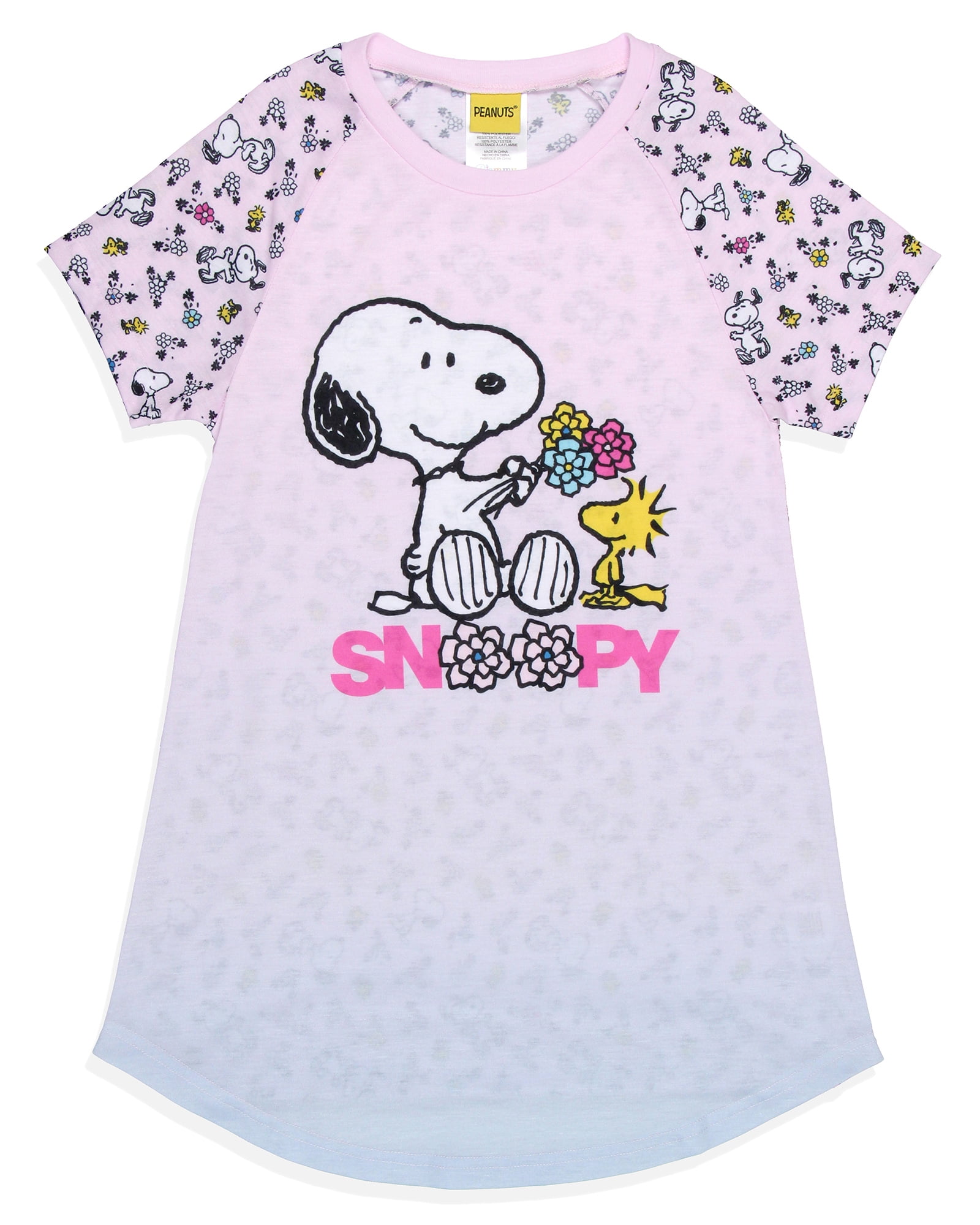 Girls\' Peanuts Pajama Snoopy Shirt Woodstock Flowers Nightgown (18/20) Friends