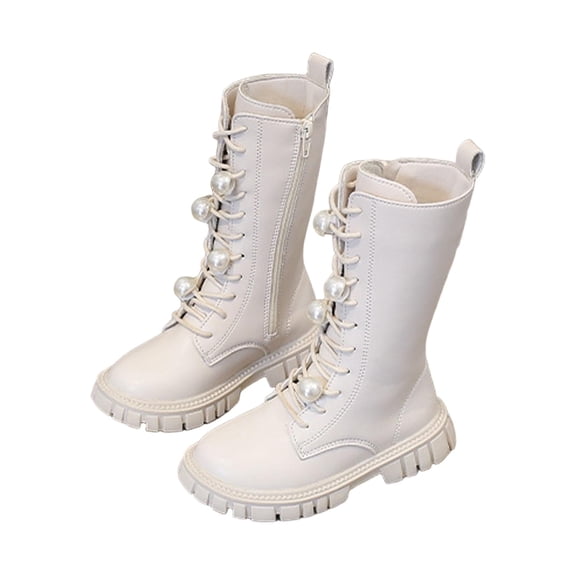 Girls Pearl Boots Mid Calf Boot for Kids Side Zipper Lace Up Boots Princess School Shoes Leather Riding Boot Cowboy Cowgirl Booties Soft and Comfortable Cowboy Shoes for Autumn Winter