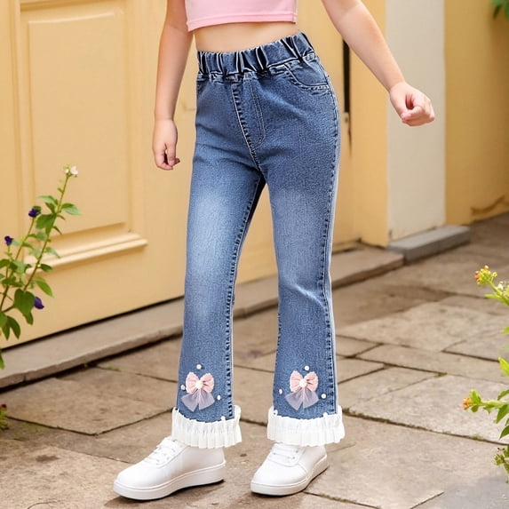 Girls Pearl Bow Embroidered Jeans Wide Leg Denim Pants with Elastic Waist for Toddler Kids Size 11-12 Years