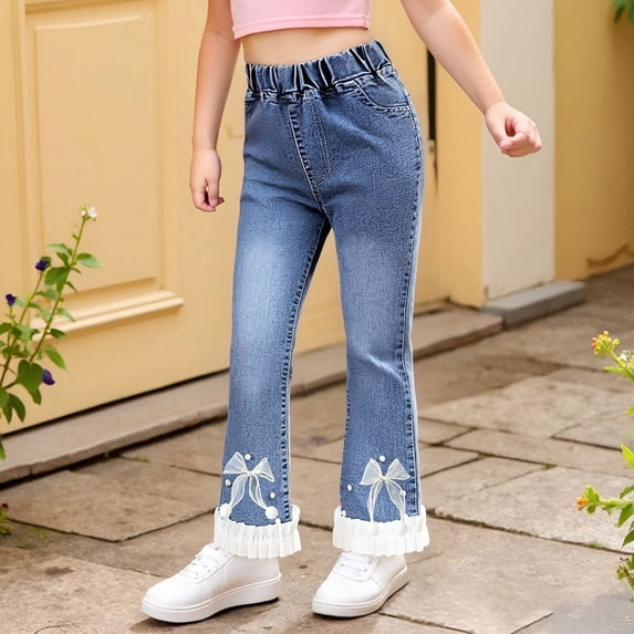 Girls Pearl Bow Embroidered Jeans Wide Leg Denim Pants with Elastic Waist for Toddler Kids