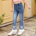 thumbnail image 1 of Girls Pearl Bow Embroidered Jeans with Elastic Waist for Toddlers and Kids - Wide Leg Denim Pants for Girls, 1 of 5