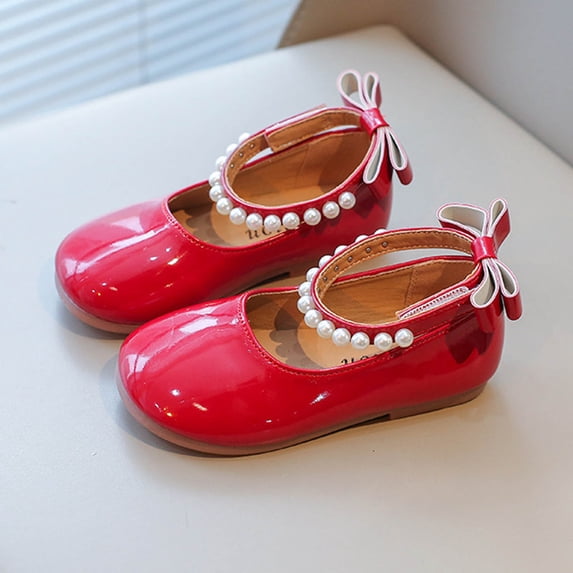 Girls' Pearl Bow Princess Shoes, Non-Slip Soft Sole Mary Janes, Perfect for Parties, Weddings, and Daily Outings Red 7.5-8 Years
