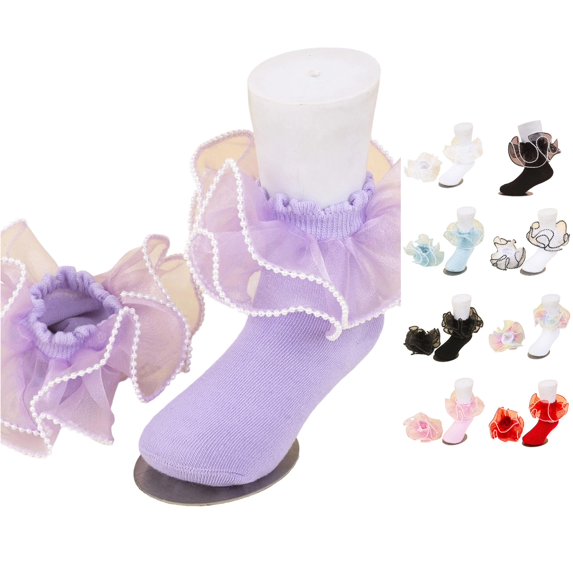 Girls Pearl Lace Ruffle Mid‑Calf Socks, Baby Toddler Princess Frilly Socks, Soft Cotton‑Blend Kids Dress Socks for Little Girls Party Daily Dress‑up