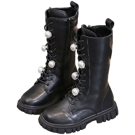 Girls Pearl Lace up Riding Boots Round Toe Chunky Lug Sole Waterproof Leather Mid Calf Combat Booties