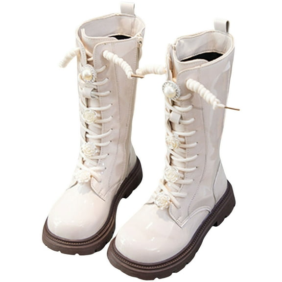 Girls Pearl Lace up Riding Boots Round Toe Chunky Lug Sole Waterproof Leather Mid Calf Combat Booties