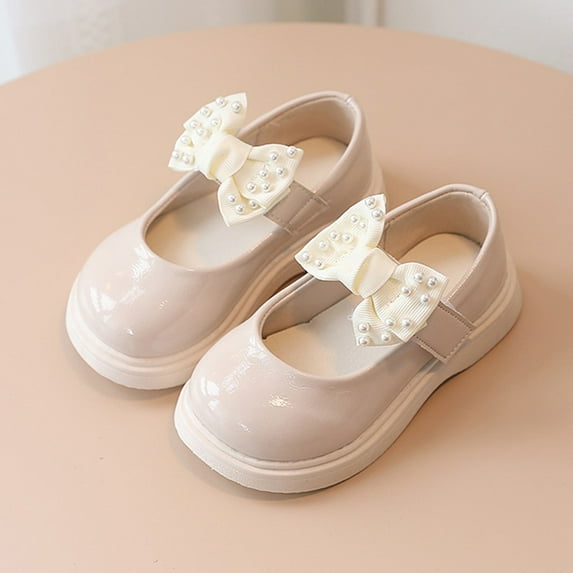 Girls Pearls Bow Patent Leather Dress Shoes Wedding Gown Thick Shoes