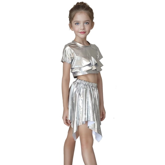 Girls Performance Shiny Short Sleeve Tee Top For Stage Dance Party And Casual Wear Oversized T-shirts Basic Cute Tees Crewneck Casual Tops