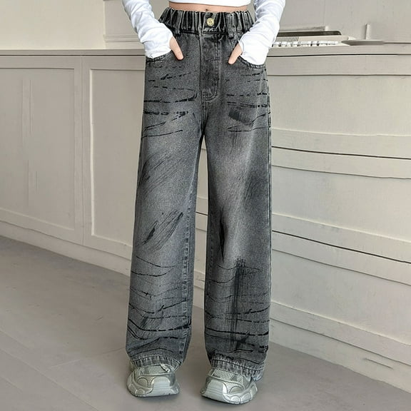 Girls Personality Fashion Pants Denim Elastic Wasit Wide Leg Denim Pants Teen Girl Clothes Girls Clothing 6-7 Years Girls Fashion